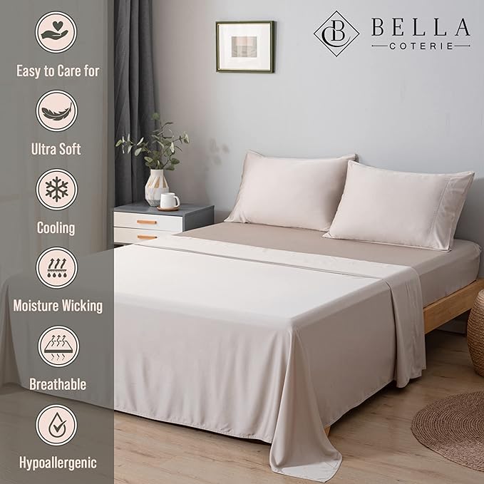 Bella Coterie Luxury Queen Size Bamboo Sheet Set - Organically Grown, Ultra Soft, Cooling for Hot Sleepers, 18" Deep Pocket Viscose Made From Bamboo